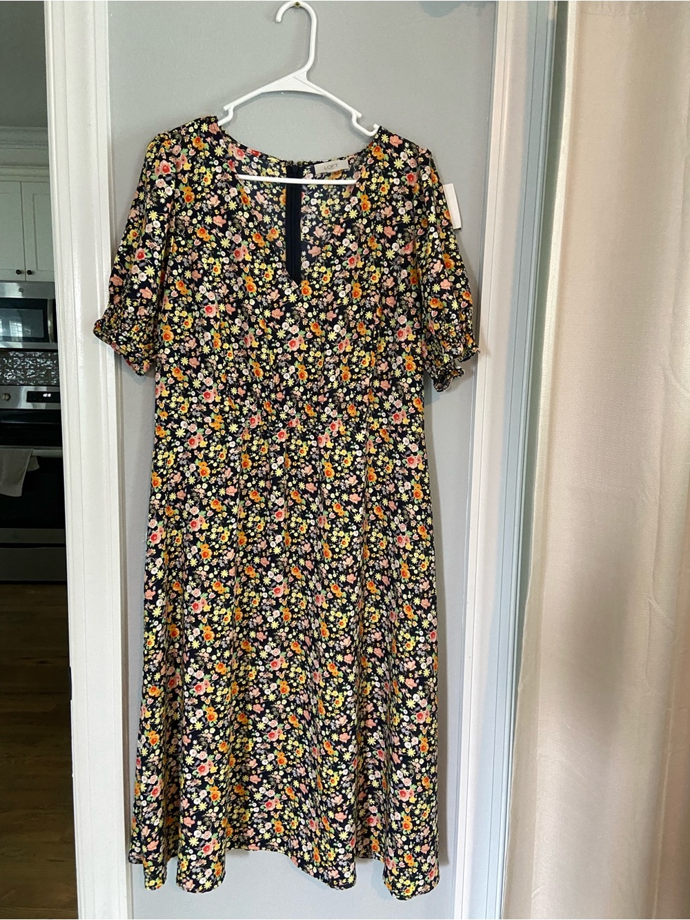 LOFT Black Floral Midi Dress with Pink & Yellow Blooms